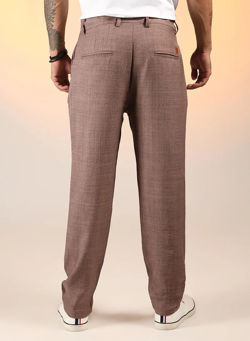 CAHOOT  Men's Ash Brown Solid Pleated Trousers For Casual Wear | Mid-Rise | Regular Fit | Drawstring Closure | Trousers Crafted With Comfort Fit For Everyday Wear for Men | Best Price UAE